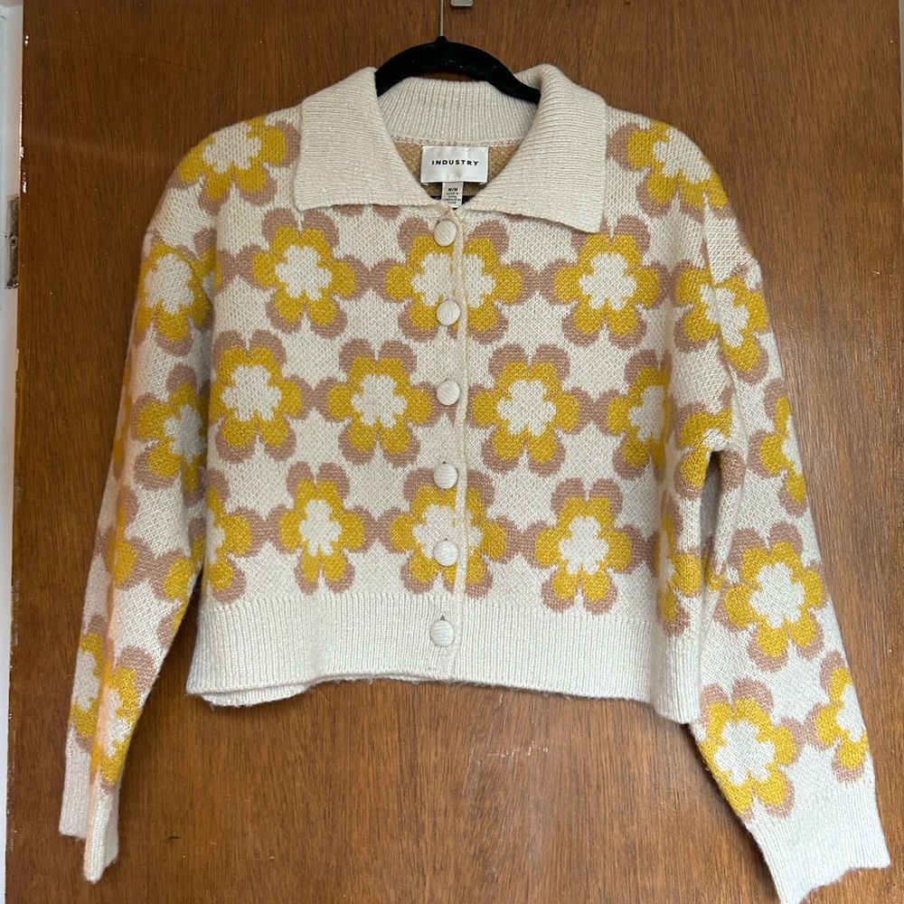 Women's Cropped Cream and Yellow Floral Sweater